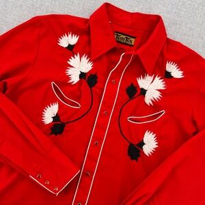 VTG 70s Tem Tex Western Embroidered Pearl Snap Shirt Men M Red Rockabilly Cowboy